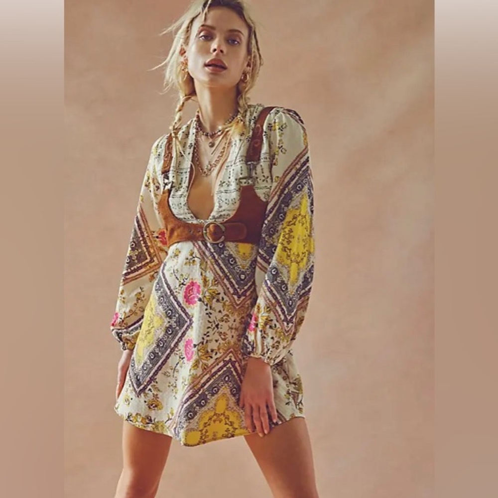 NWOT Free People Descanso Mini Dress Light Combo Floral Paisley Sz XSmall